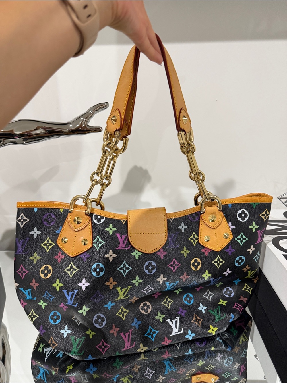 Multicolor Monogram Tote Bag with Tan Leather Trim - Picture 2 of 15